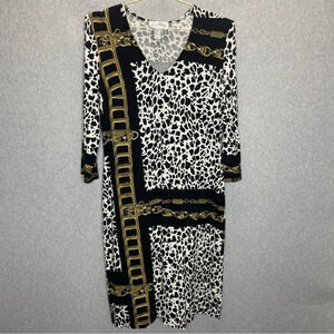 Joseph Ribkoff Equestrian Gold Chain V Neck Animal Print Dress